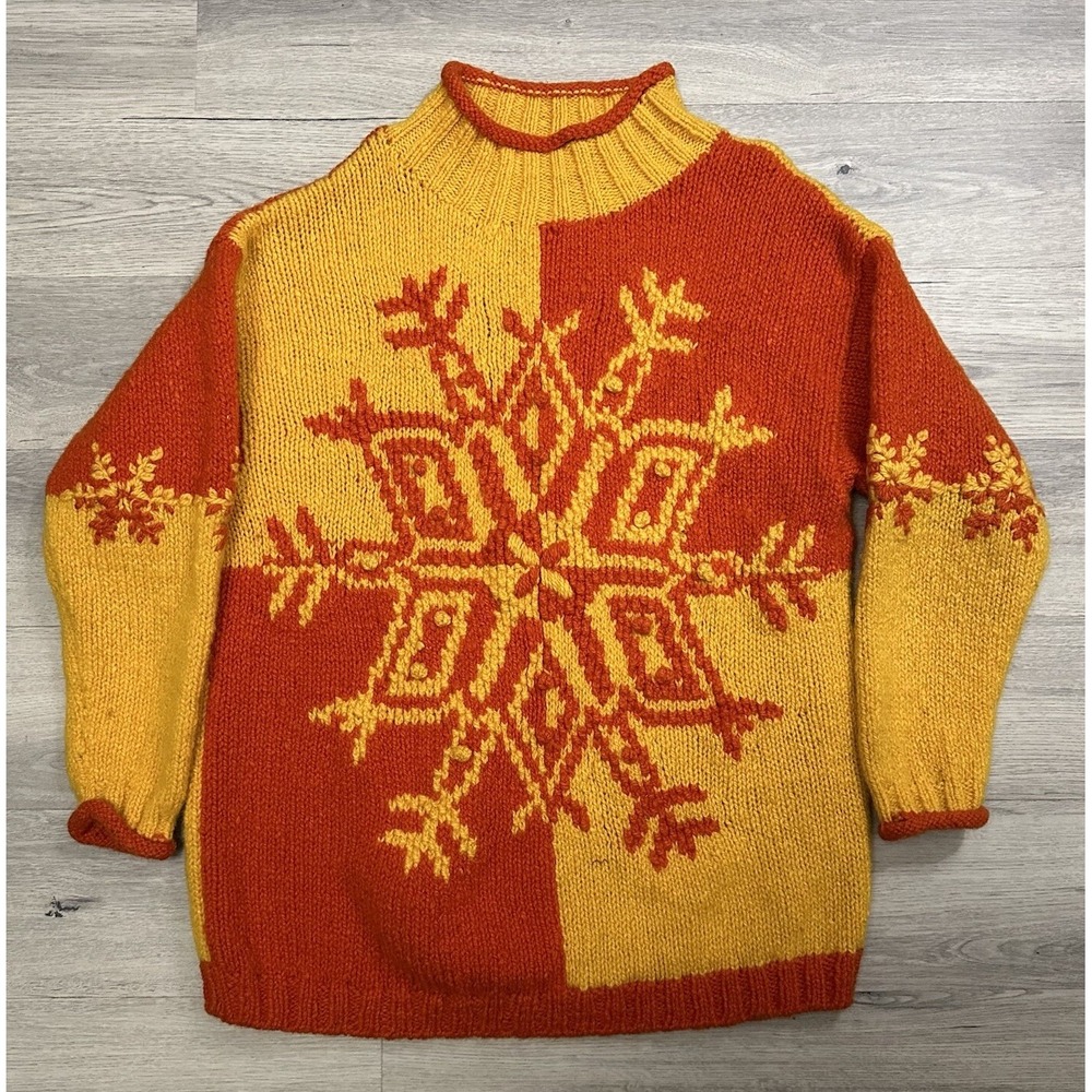 Express Tricot Sweater M Chunky Knit Wool Snowflake Orange Yellow Vtg 90s Y2K